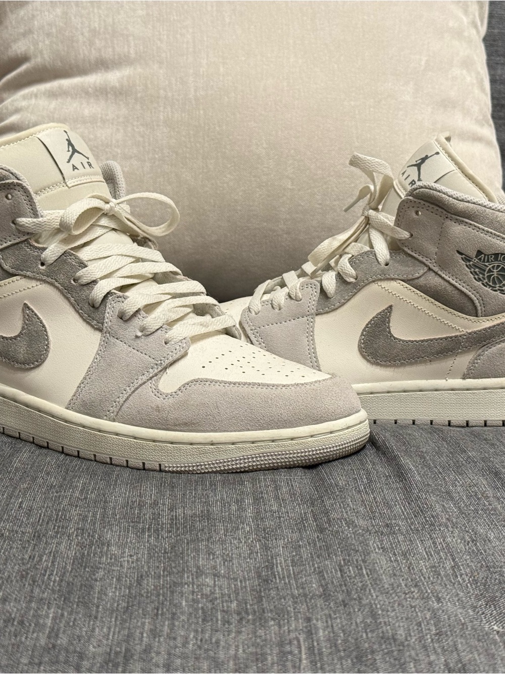 Nike AirJordan Men’s High-Top Sneakers-White Leather & Light Gray Suede